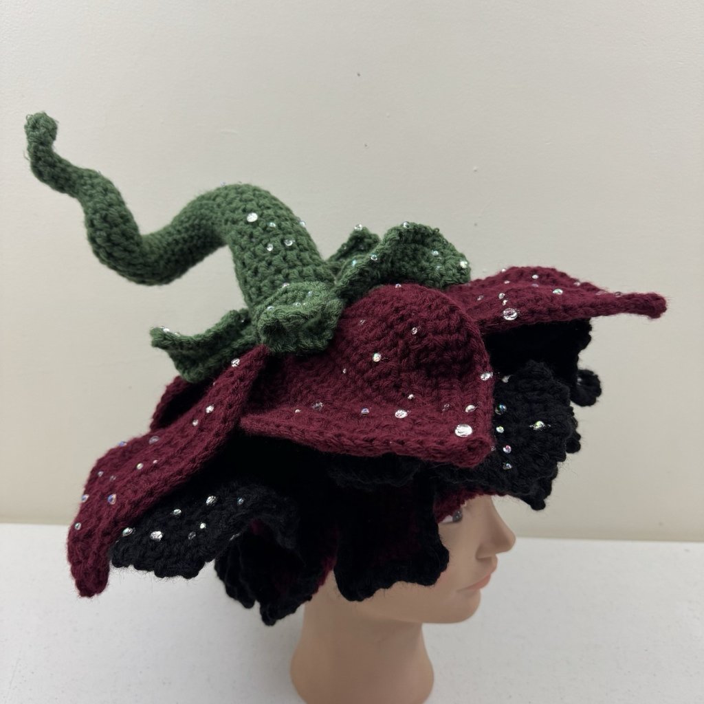 Handmade Crochet Flower Hat Green Stem & Red & Black Petals Fairy Hat Costume